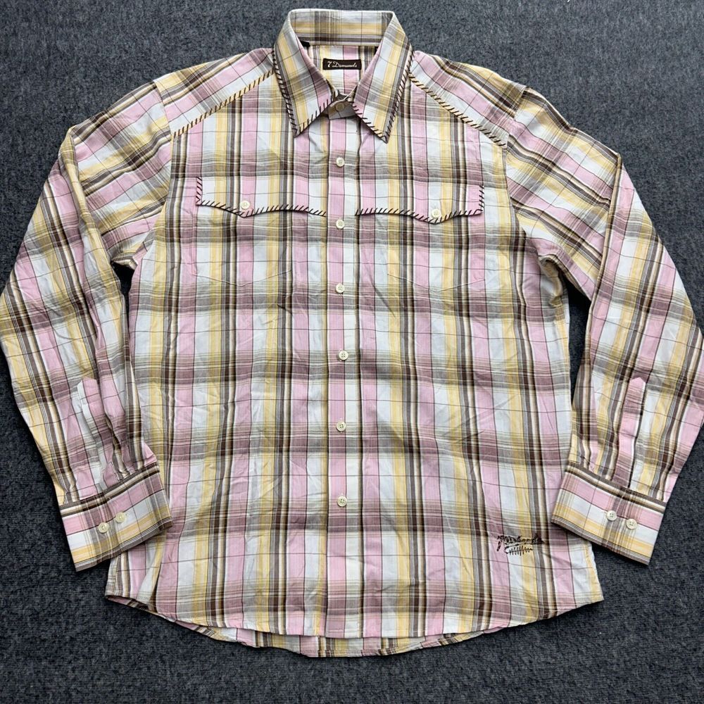 7 Diamonds Plaid Long Sleeve Shirt Mens XL Western Rodeo Cowboy Embroidered